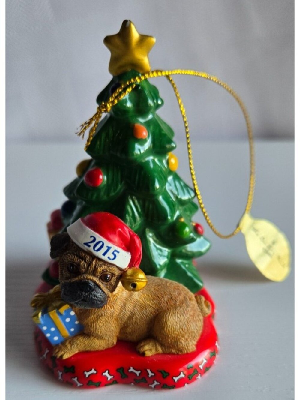 Danbury Mint 2015 Annual Pug Christmas Ornament "Waiting for Santa" Brown Pug - Picture 1 of 6
